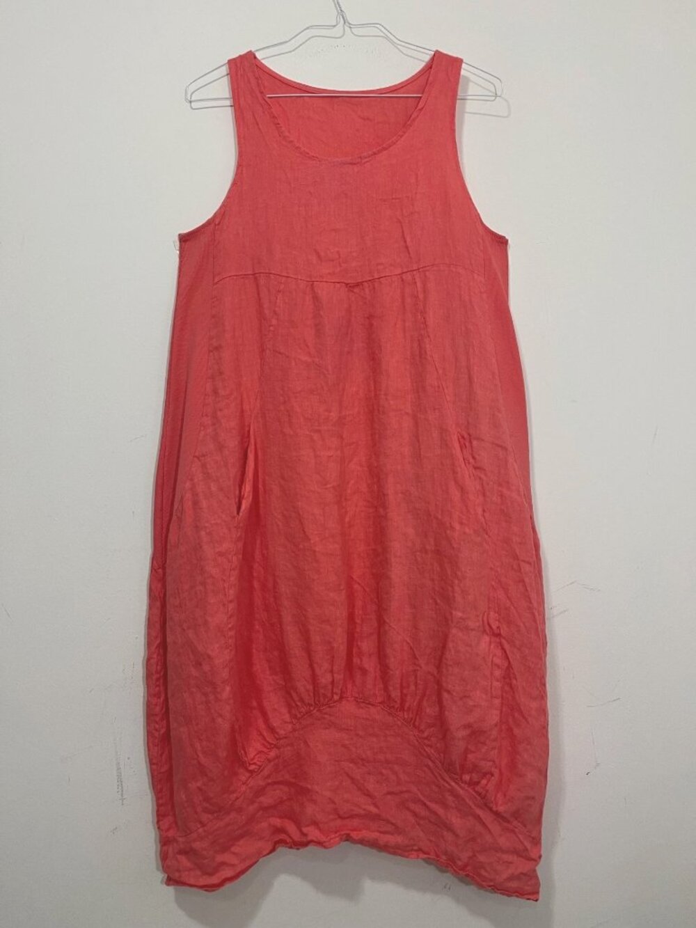 Gigi Moda Luna Linen Midi Dress Italy Pockets Pink Coral One Size Boho Lagenlook